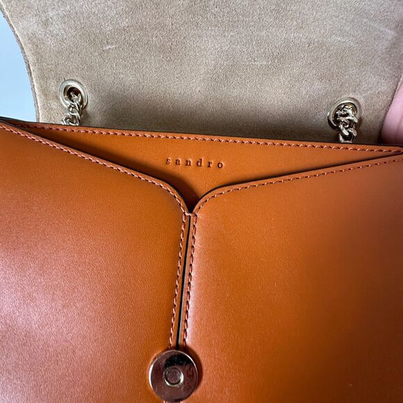 NWOT Sandro Camel Leather Crossbody Bag Lou MM Curcuma Adjustable Strap Purse - Picture 9 of 15
